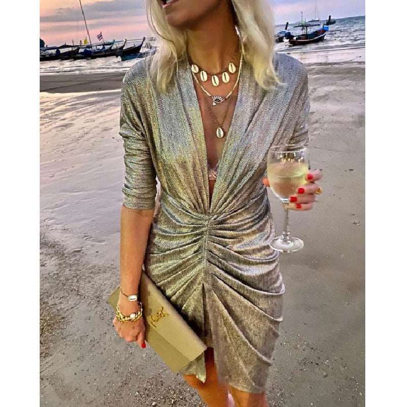 Gold V-neck Pleated Long Sleeve Dress Gold XL – Posh Atomic