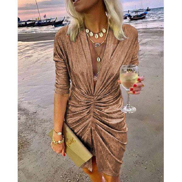 Gold V-neck Pleated Long Sleeve Dress Wine Red M – Posh Atomic