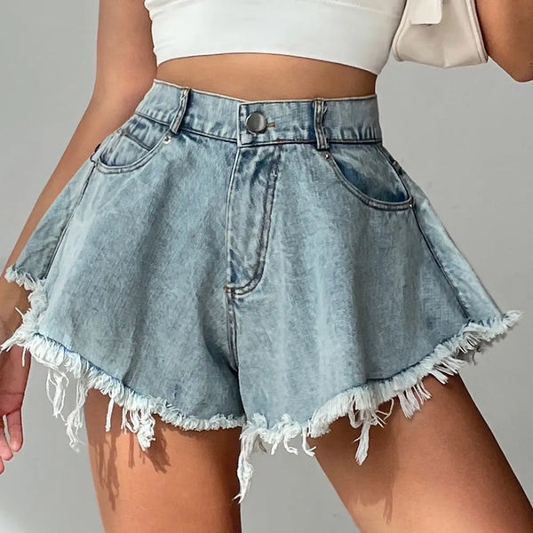 High Waist Loose-fitting Fringed Denim Shorts For Women Light Blue 2XL – Posh Atomic