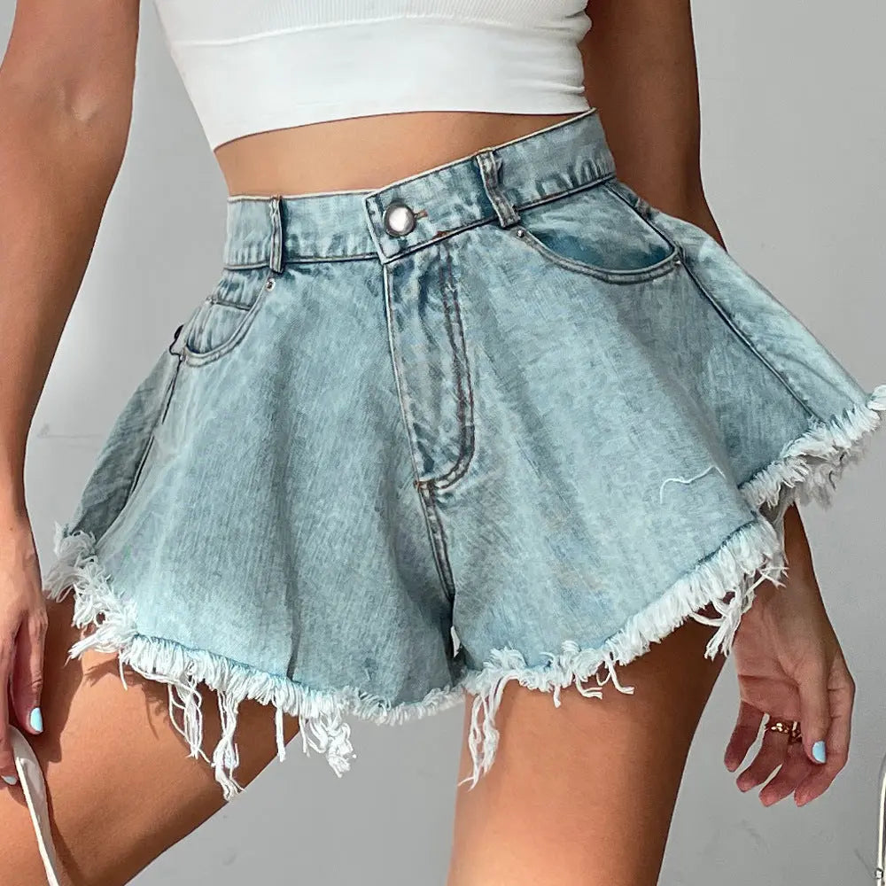 High Waist Loose-fitting Fringed Denim Shorts For Women Light Blue S – Posh Atomic