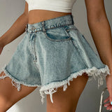 High Waist Loose-fitting Fringed Denim Shorts For Women Light Blue L – Posh Atomic