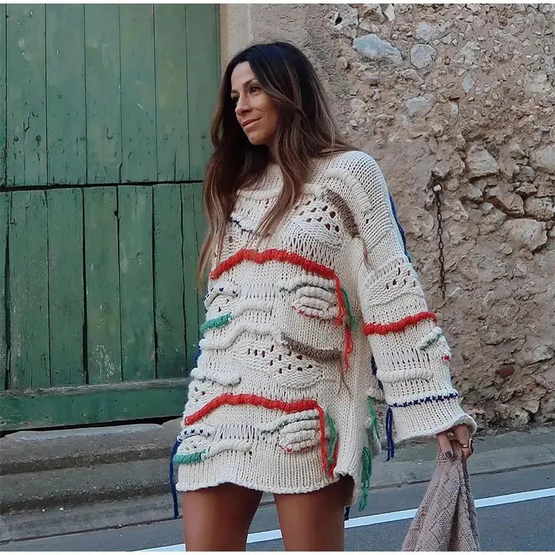 Knitted Long Sleeve Shirt Dress Women's Color Matching Sweater L – Posh Atomic