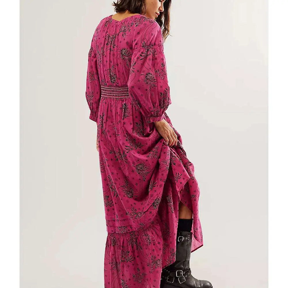 Lantern Long Sleeve V-neck Waist-slimming Women's Bohemian Dress Black M – Posh Atomic