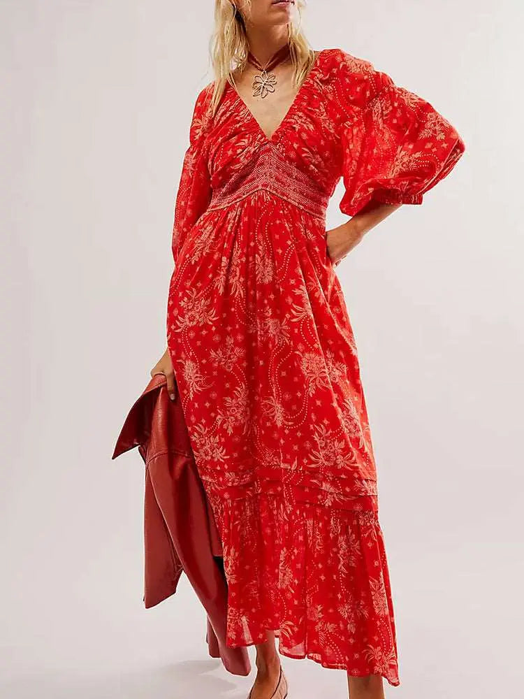 Lantern Long Sleeve V-neck Waist-slimming Women's Bohemian Dress Purple S – Posh Atomic