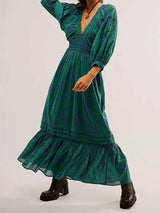 Lantern Long Sleeve V-neck Waist-slimming Women's Bohemian Dress Green S – Posh Atomic