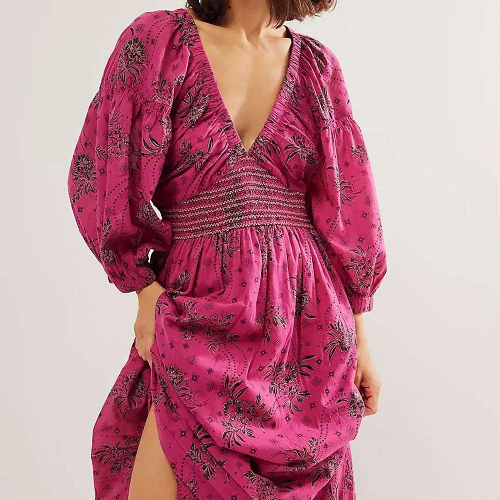 Lantern Long Sleeve V-neck Waist-slimming Women's Bohemian Dress Black S – Posh Atomic