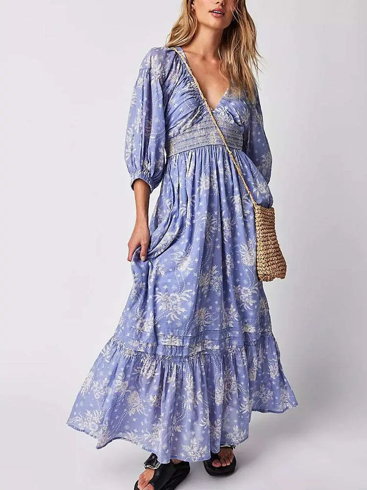 Lantern Long Sleeve V-neck Waist-slimming Women's Bohemian Dress White S – Posh Atomic