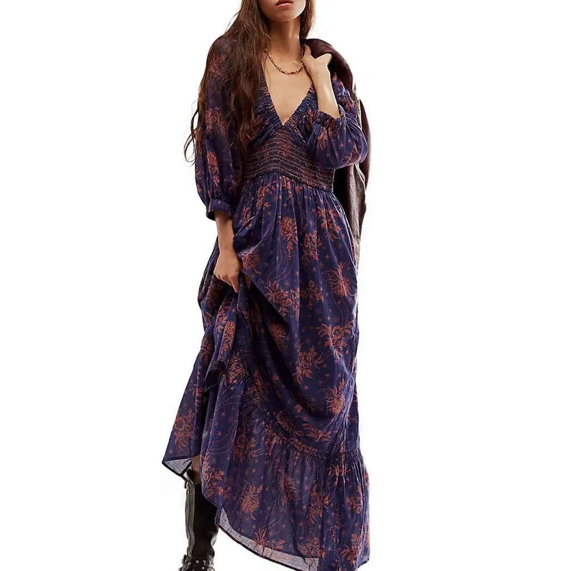 Lantern Long Sleeve V-neck Waist-slimming Women's Bohemian Dress Pink S – Posh Atomic
