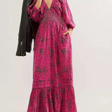 Lantern Long Sleeve V-neck Waist-slimming Women's Bohemian Dress Black L – Posh Atomic