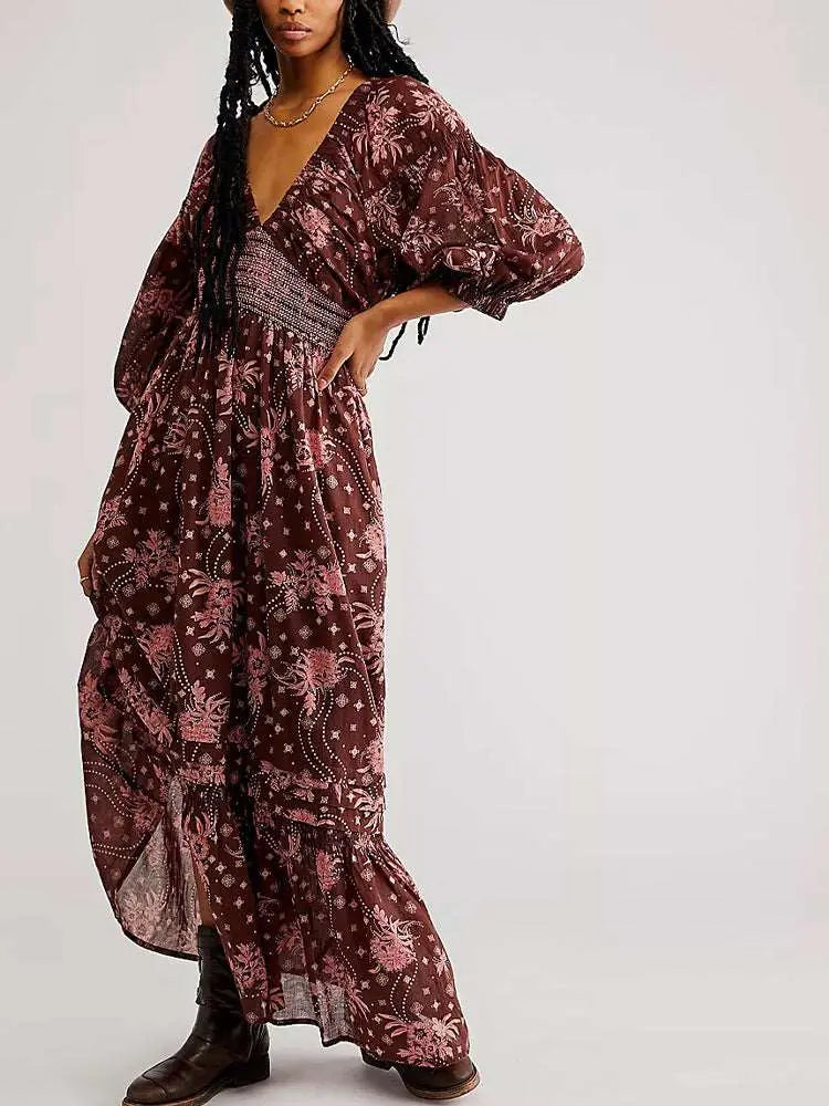Lantern Long Sleeve V-neck Waist-slimming Women's Bohemian Dress Purple M – Posh Atomic