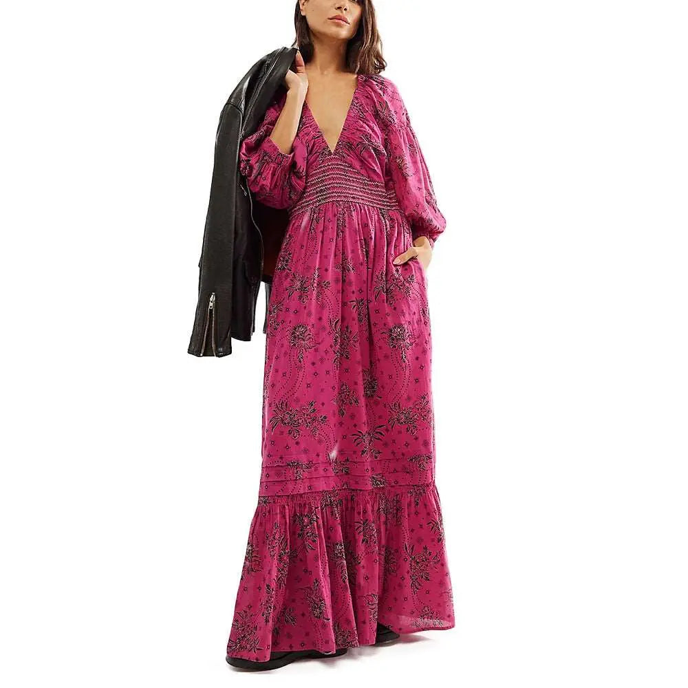 Lantern Long Sleeve V-neck Waist-slimming Women's Bohemian Dress Pink L – Posh Atomic