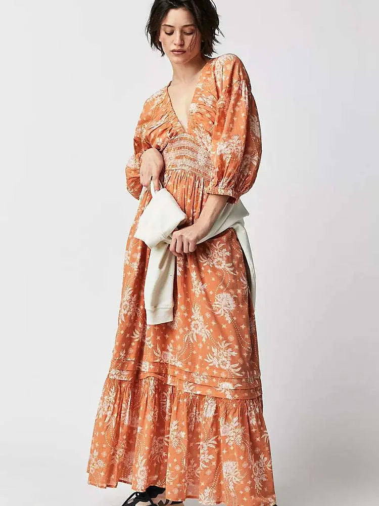 Lantern Long Sleeve V-neck Waist-slimming Women's Bohemian Dress Purple L – Posh Atomic