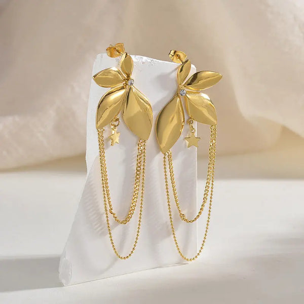 Long Flower Studded Diamond Tassel Stainless Steel Earrings Gold – Posh Atomic
