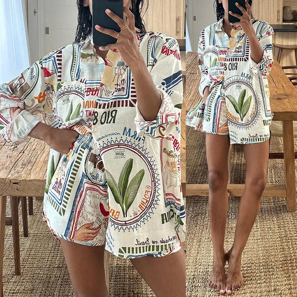 Long Sleeve Casual Short Set Printed Short L – Posh Atomic