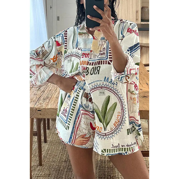 Long Sleeve Casual Short Set Printed Short M – Posh Atomic