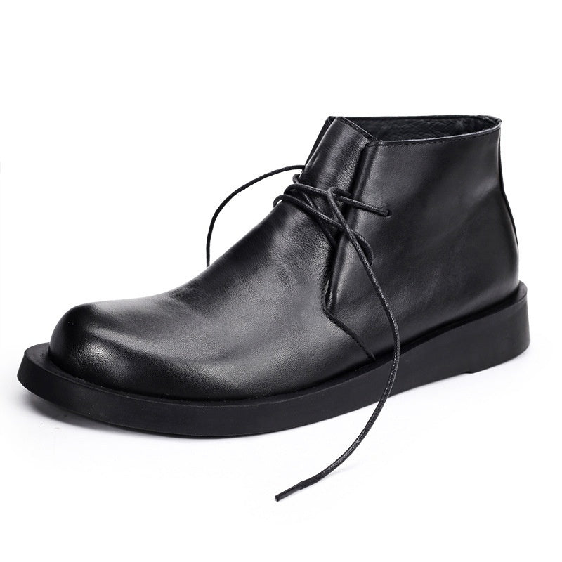 Martin Shoes Lace-up Leather Thick Bottom Soft Bottom Mid-top Men's Boots Black – Posh Atomic