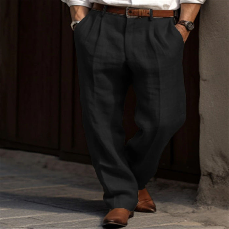 Men's Linen Trousers Double Pleated Front Pocket Straight Pure Color Comfort Breathable Casual Black S – Posh Atomic