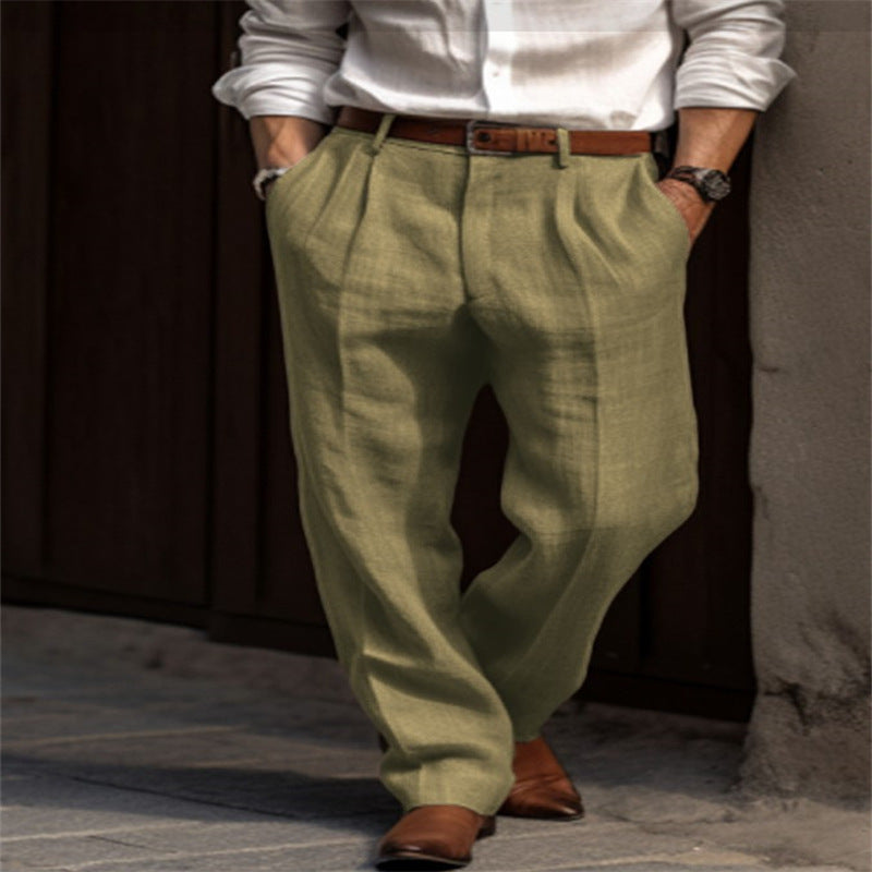 Men's Linen Trousers Double Pleated Front Pocket Straight Pure Color Comfort Breathable Casual Black XL – Posh Atomic