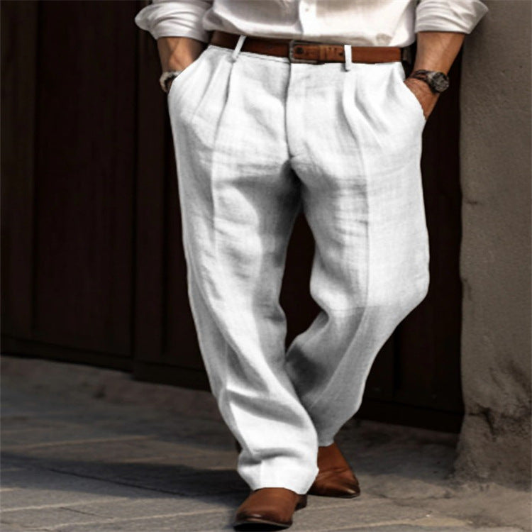 Men's Linen Trousers Double Pleated Front Pocket Straight Pure Color Comfort Breathable Casual White L – Posh Atomic