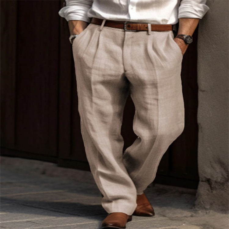 Men's Linen Trousers Double Pleated Front Pocket Straight Pure Color Comfort Breathable Casual White XXL – Posh Atomic