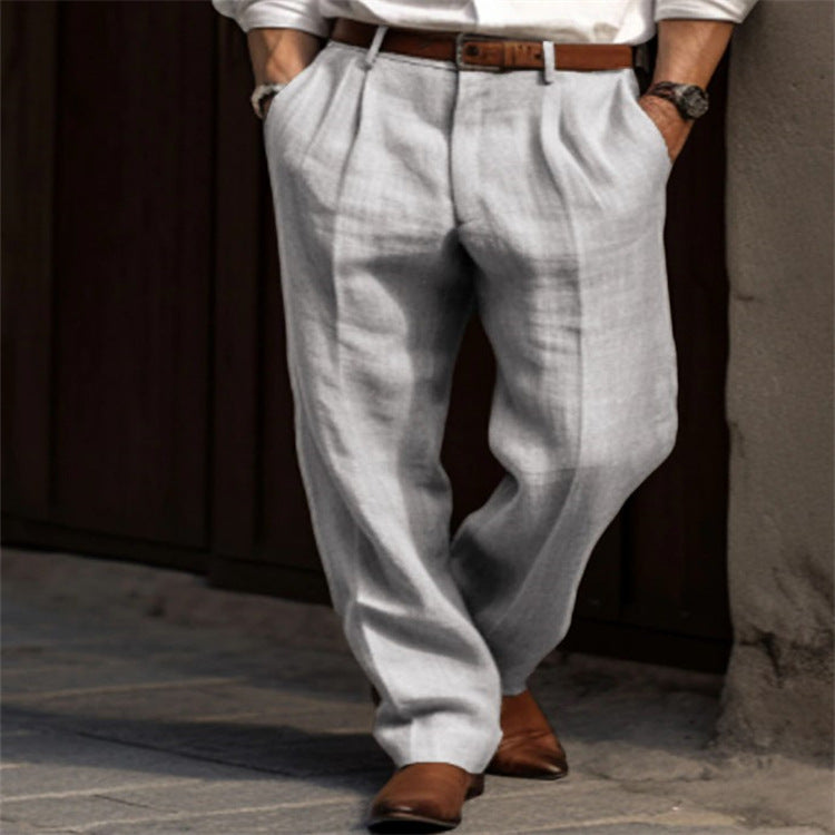 Men's Linen Trousers Double Pleated Front Pocket Straight Pure Color Comfort Breathable Casual White M – Posh Atomic