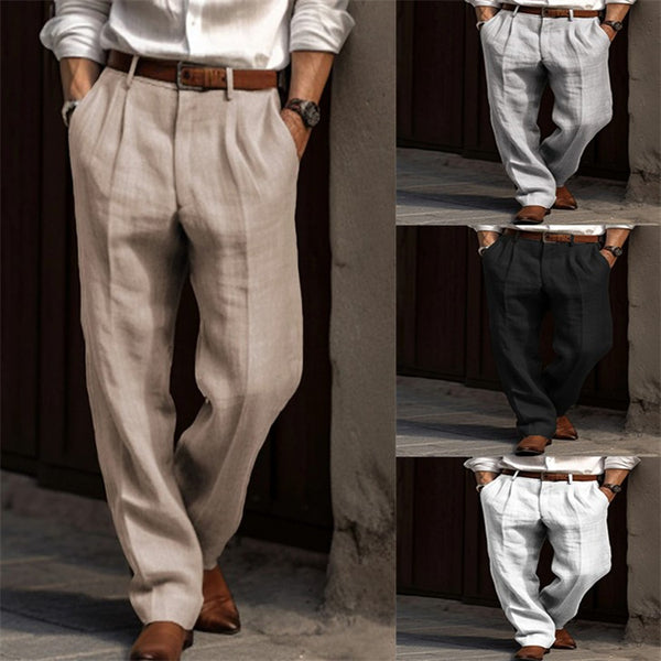 Men's Linen Trousers Double Pleated Front Pocket Straight Pure Color Comfort Breathable Casual White S – Posh Atomic