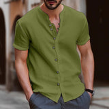 Men's Retro Cotton And Linen Casual Button Short Sleeves Gray S – Posh Atomic
