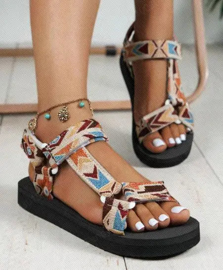New Thin Bottom National Style Velcro Beach Sandals Red Flower Grid – Posh Atomic