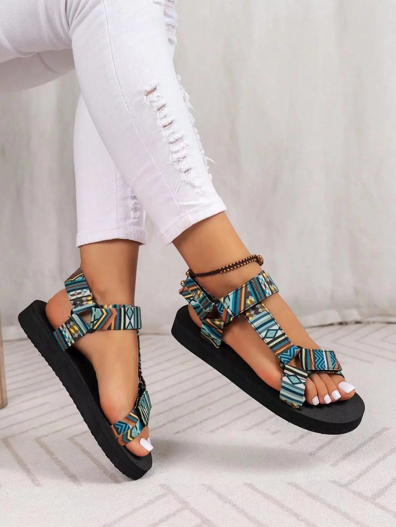 New Thin Bottom National Style Velcro Beach Sandals Brown Stripes – Posh Atomic