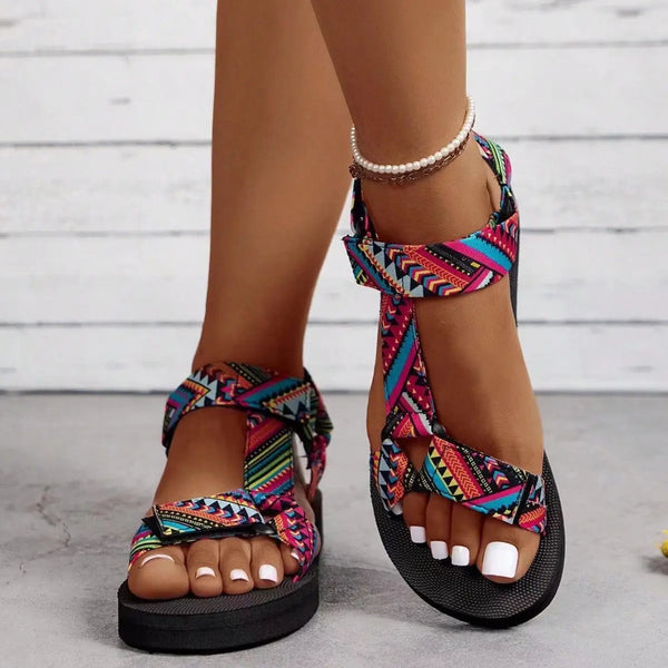 New Thin Bottom National Style Velcro Beach Sandals Red Flower Grid – Posh Atomic