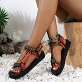 New Thin Bottom National Style Velcro Beach Sandals Red Flower Grid – Posh Atomic
