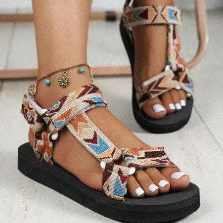 New Thin Bottom National Style Velcro Beach Sandals Red Flower Grid – Posh Atomic