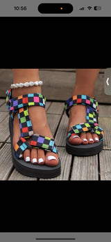 New Thin Bottom National Style Velcro Beach Sandals Brown Plaid Pieces – Posh Atomic