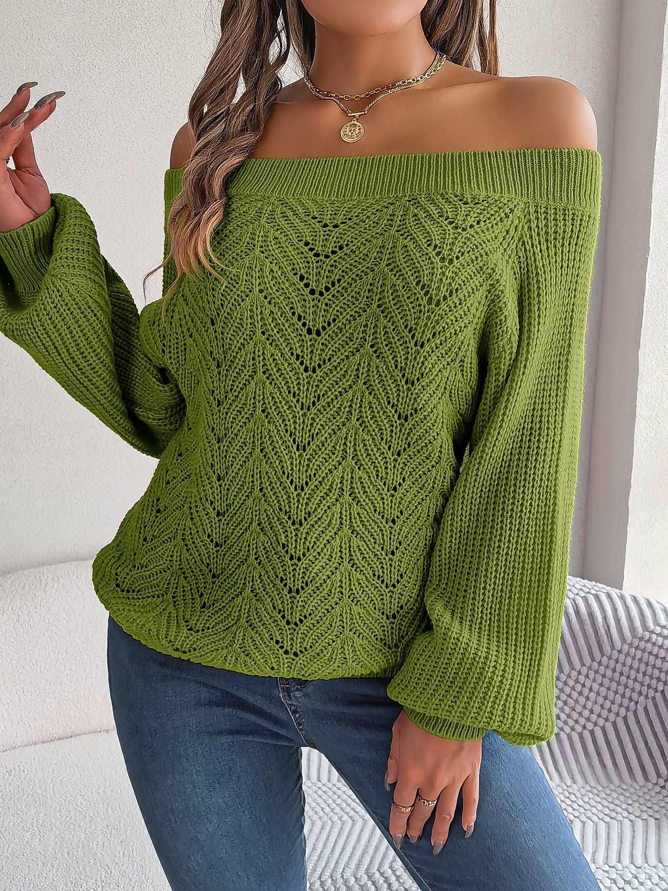 Off-the-shoulder Lantern Sleeve Sweater Green M – Posh Atomic