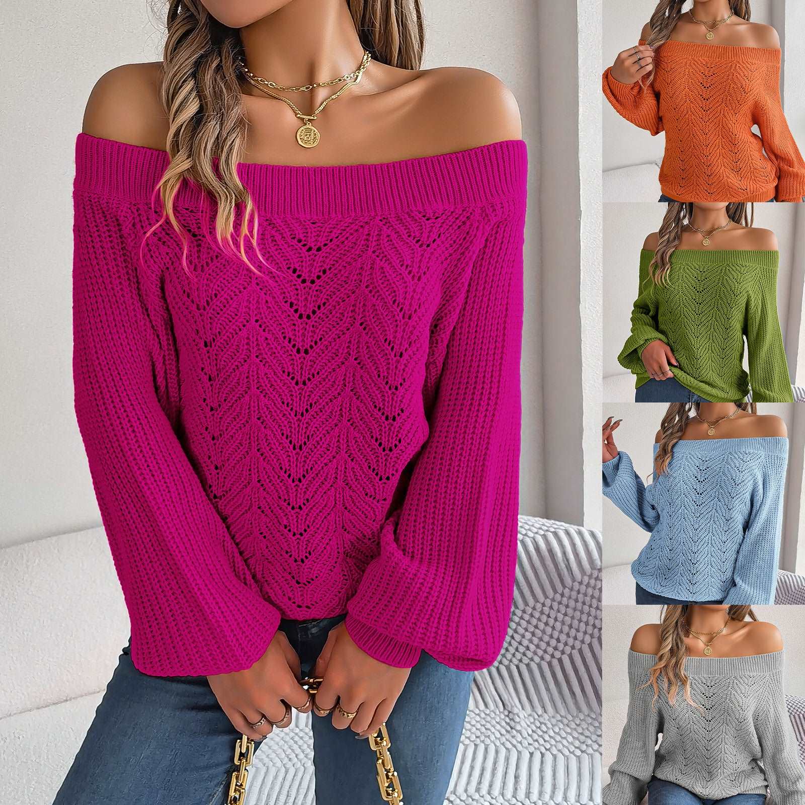Off-the-shoulder Lantern Sleeve Sweater Rose Red S – Posh Atomic