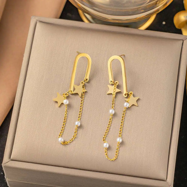Pearl Tassel Titanium Steel Light Luxury Earrings Box Chain Tassel – Posh Atomic