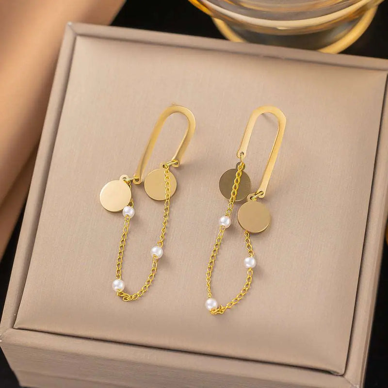Pearl Tassel Titanium Steel Light Luxury Earrings Wafer Tassel – Posh Atomic