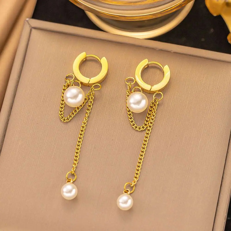 Pearl Tassel Titanium Steel Light Luxury Earrings Pearl Tassel – Posh Atomic