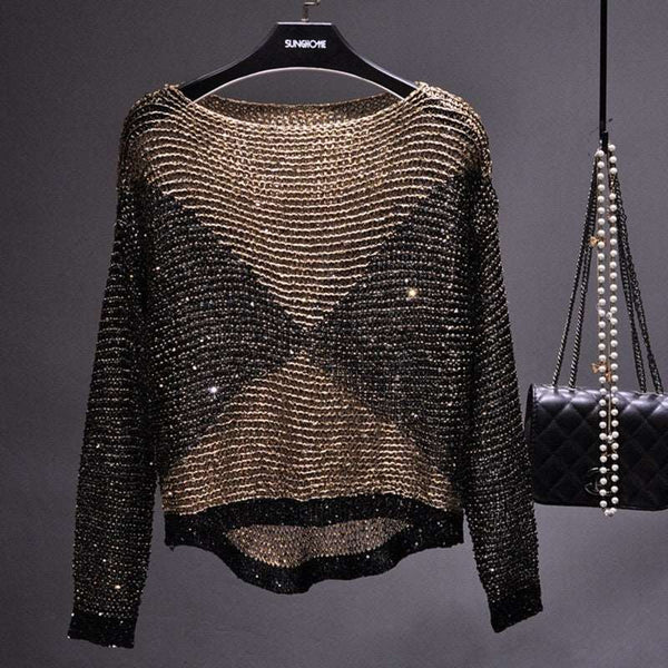 Sequined Loose Sweater Pullover Khaki Gold Free Size – Posh Atomic