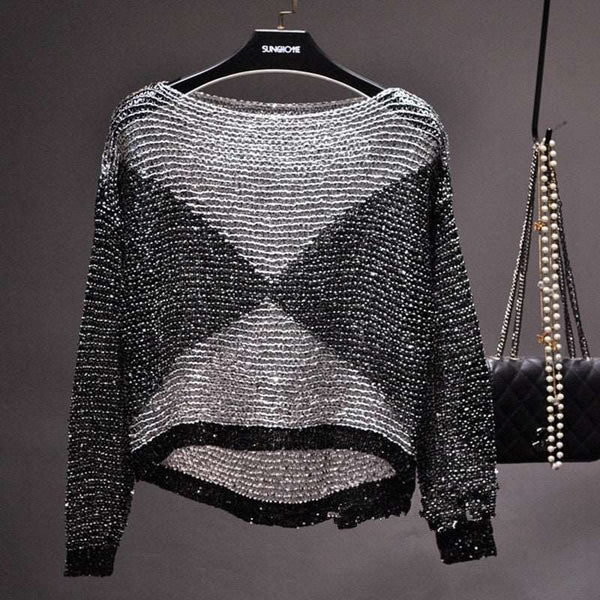 Sequined Loose Sweater Pullover Black Silver Free Size – Posh Atomic