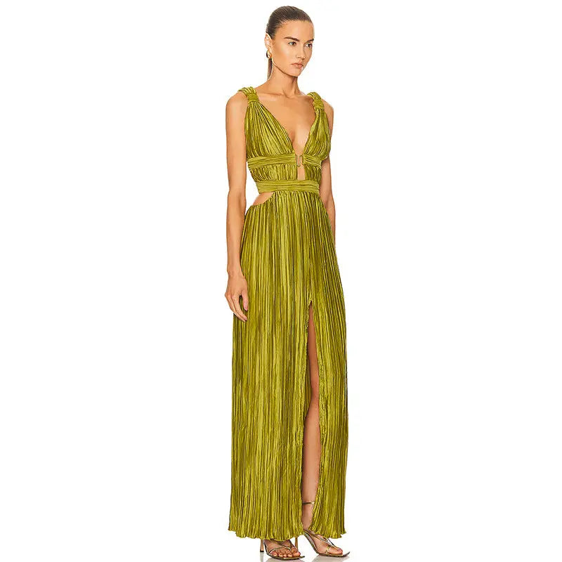 Sexy V-neck Strap Waist Slit Dress Army Green XS – Posh Atomic