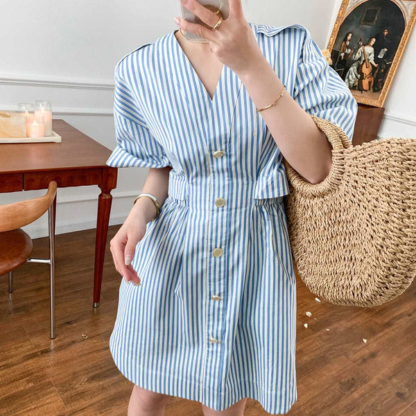 Short Sleeve Striped Shirt Dress Blue Stripes XS – Posh Atomic