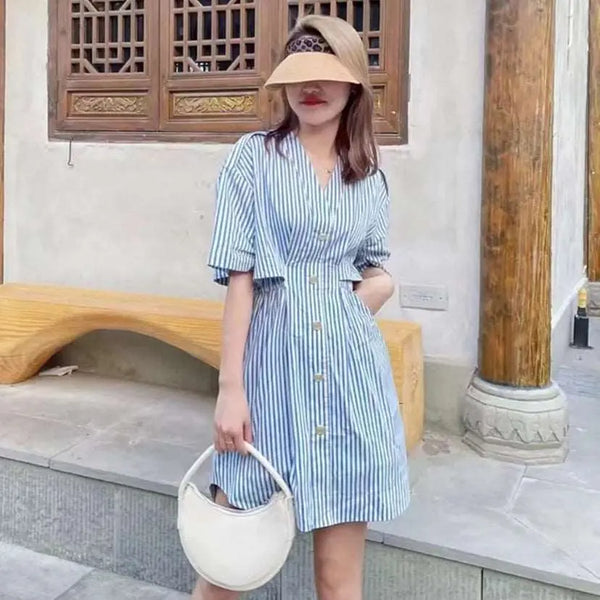 Short Sleeve Striped Shirt Dress Blue Stripes S – Posh Atomic