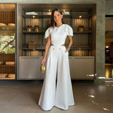 Short-sleeved Jumpsuit Wide Leg Pants Midriff Outfit L White – Posh Atomic