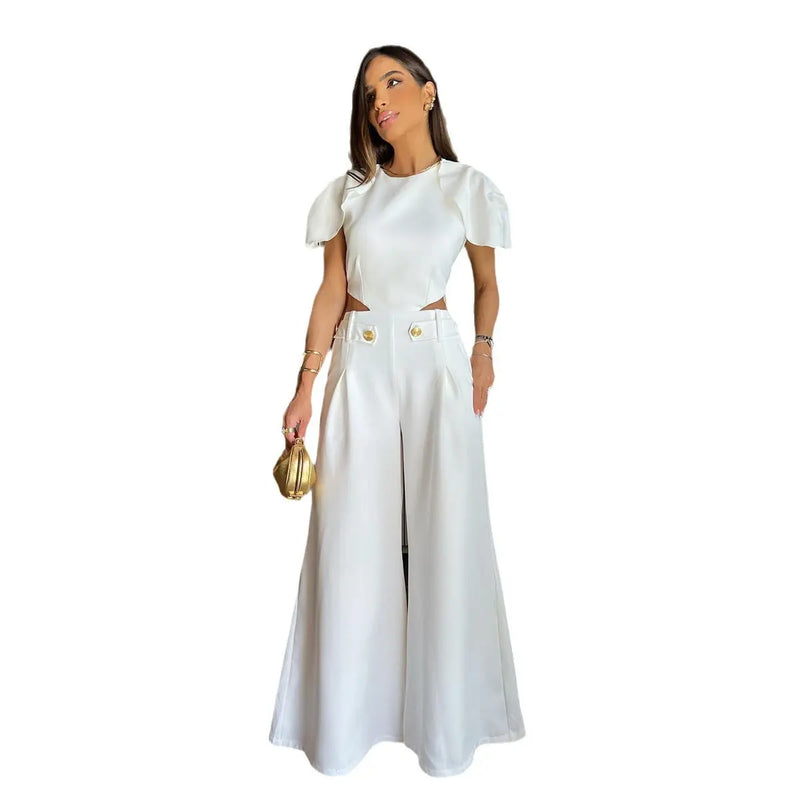 Short-sleeved Jumpsuit Wide Leg Pants Midriff Outfit S White – Posh Atomic