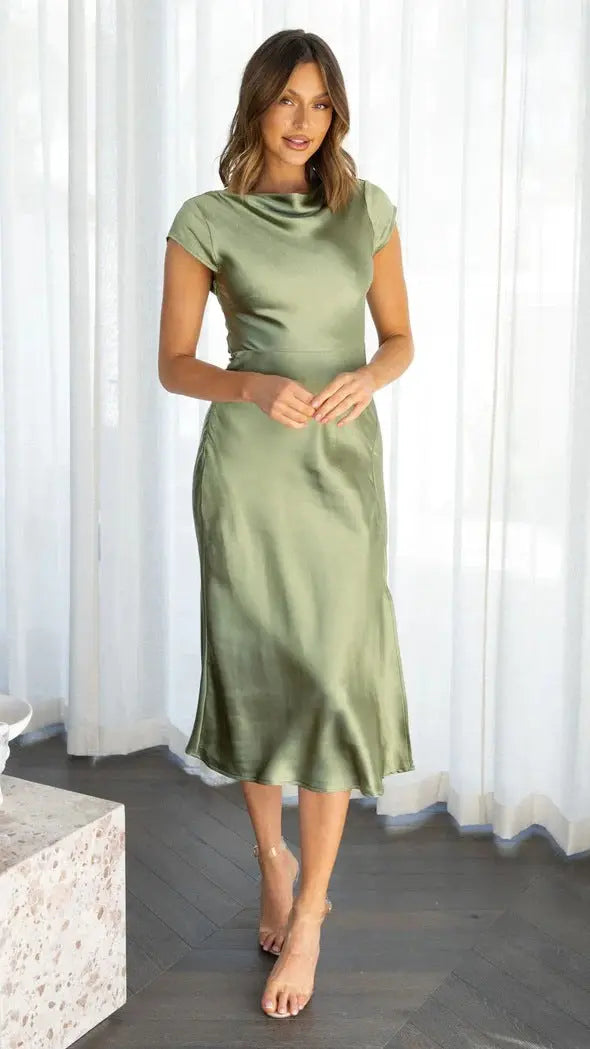 Solid Color Short Sleeve Dress Champagne S – Posh Atomic