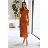 Solid Color Short Sleeve Dress Light Brown L – Posh Atomic