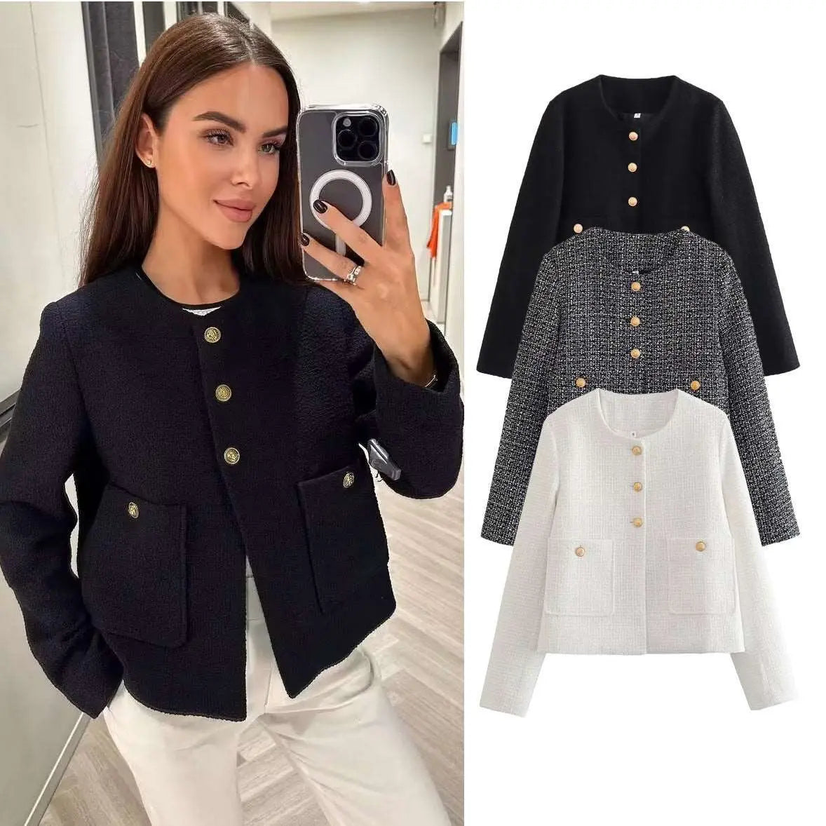 Solid Color Texture Casual Classic Style Jacket Women Black S – Posh Atomic