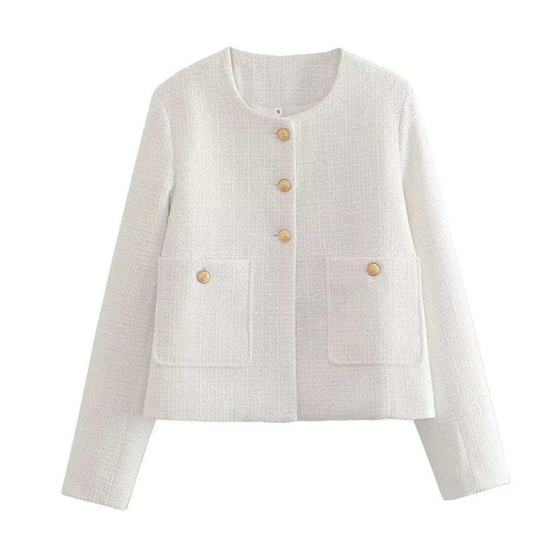 Solid Color Texture Casual Classic Style Jacket Women White S – Posh Atomic