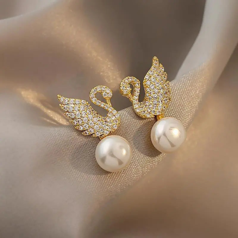 Sterling Silver Swan Zircon Pearl Stud Earrings – Posh Atomic
